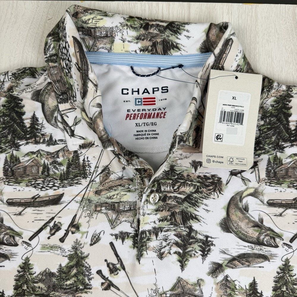 Chaps Fly Fishing All Over Print Polo Shirt Mens Large Hike Camp Cabin Woods NEW